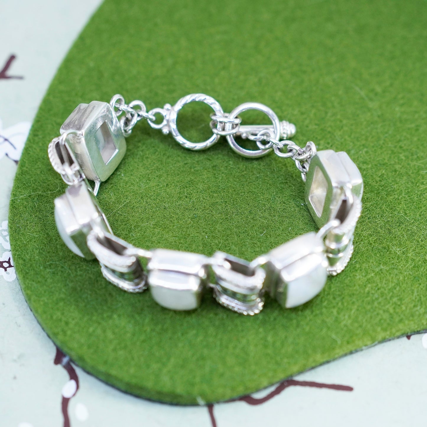 7”, vtg Sterling 925 silver handmade bold bracelet with rectangular moonstone