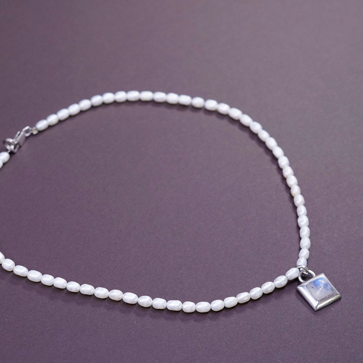 14", Sterling silver handmade necklace, 925 pendant w/ moonstone N pearl bead