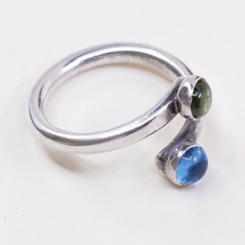 Sz 7, Vtg LE Southwestern Handmade Sterling Wrap Band Ring W/ Blue N Green Glass