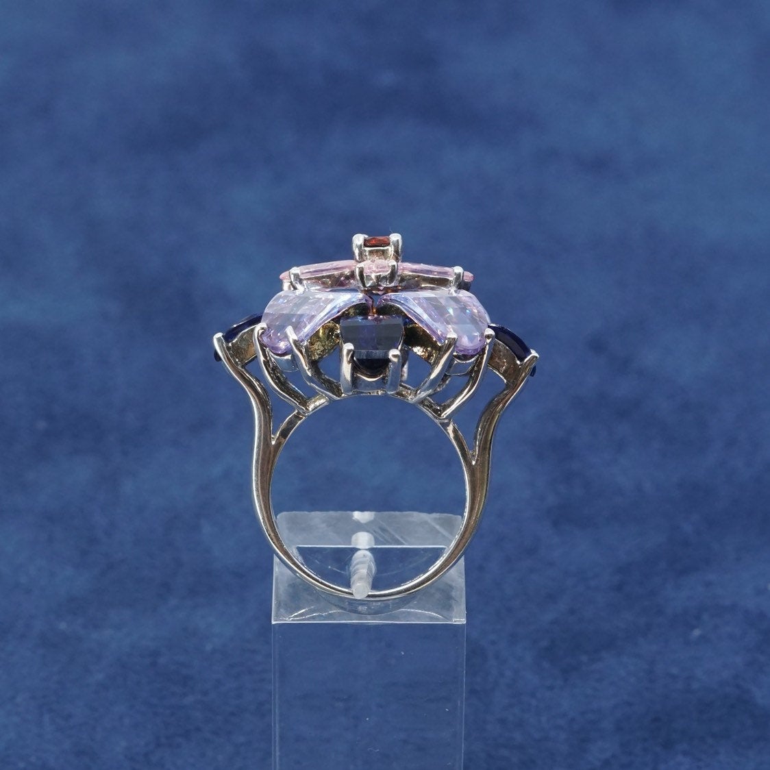 sz 8, vtg Sterling silver cocktail ring, 925 band w/ blue purple N pink cushion