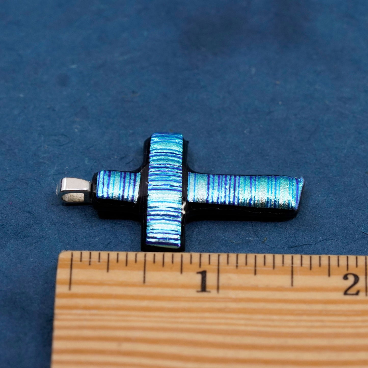 Vintage sterling 925 silver handmade pendant with blue dichroic glass cross