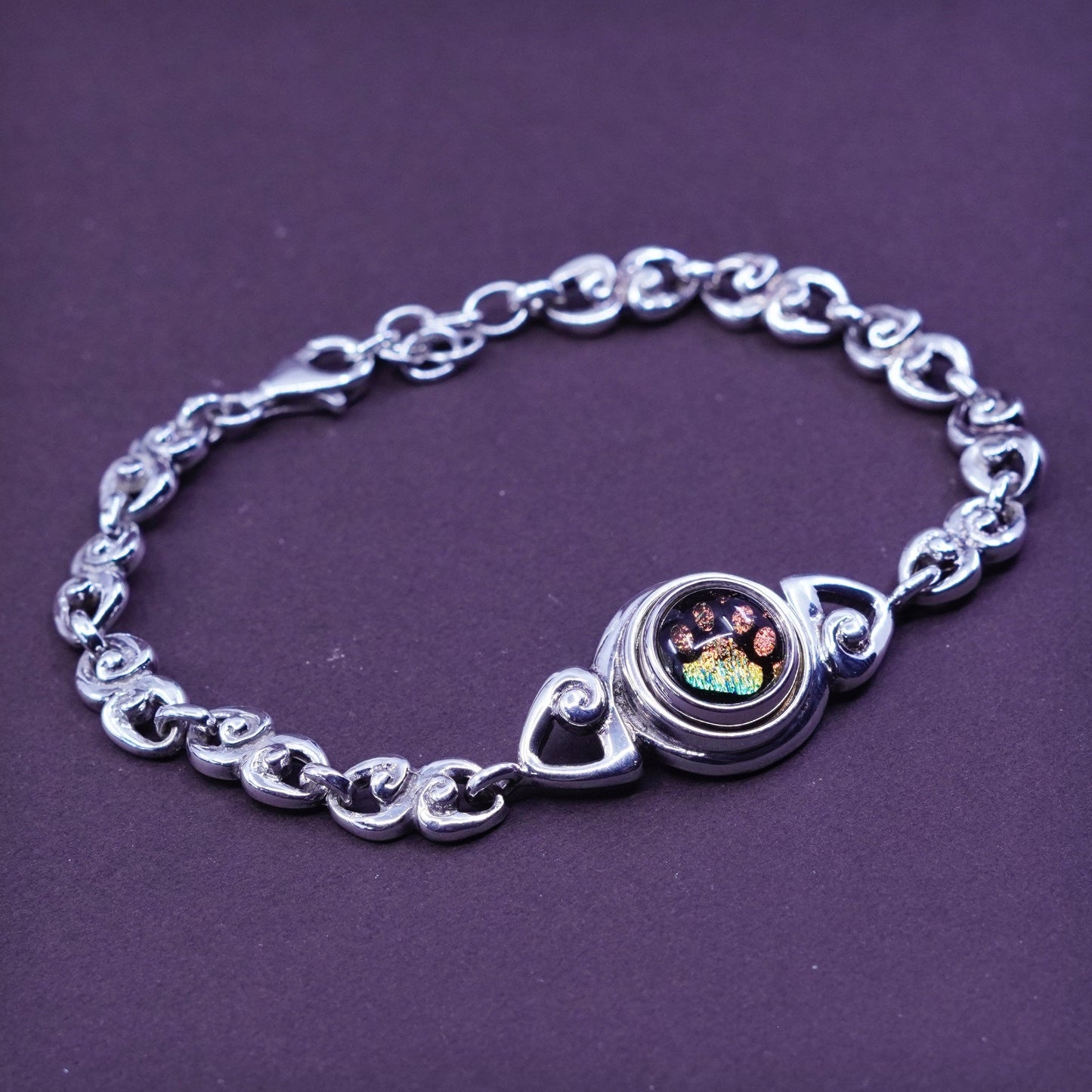 7+1”, Sterling silver bracelet, 925 beaded chain w/ foiled glass dog foot charm