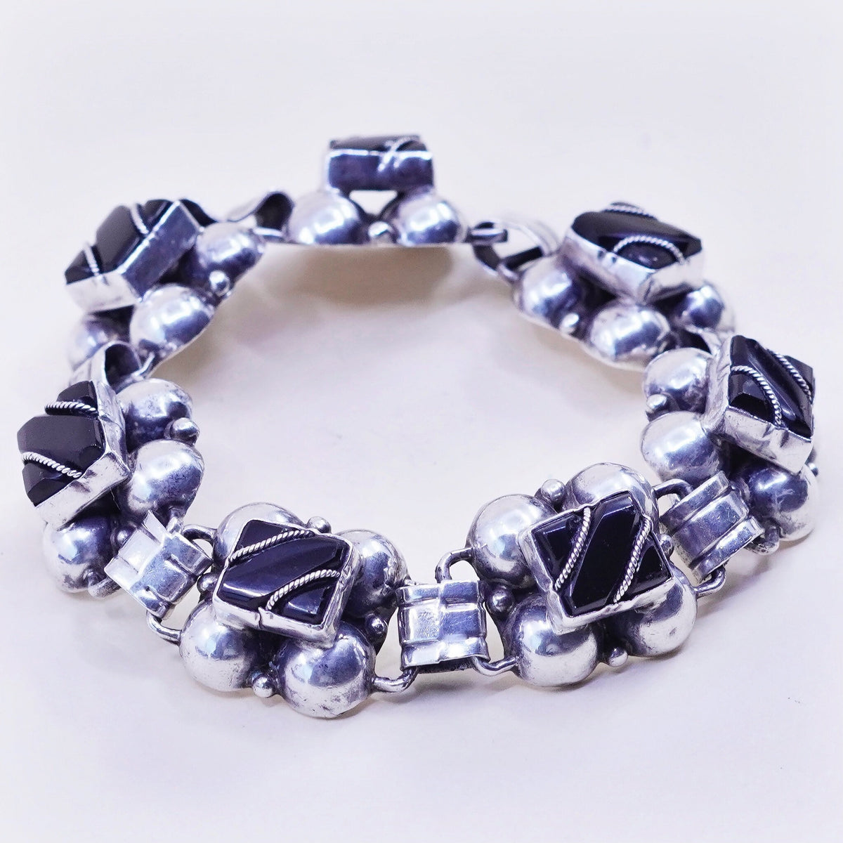6.5”, vintage sterling 925 silver handmade tennis bracelet with obsidian beads