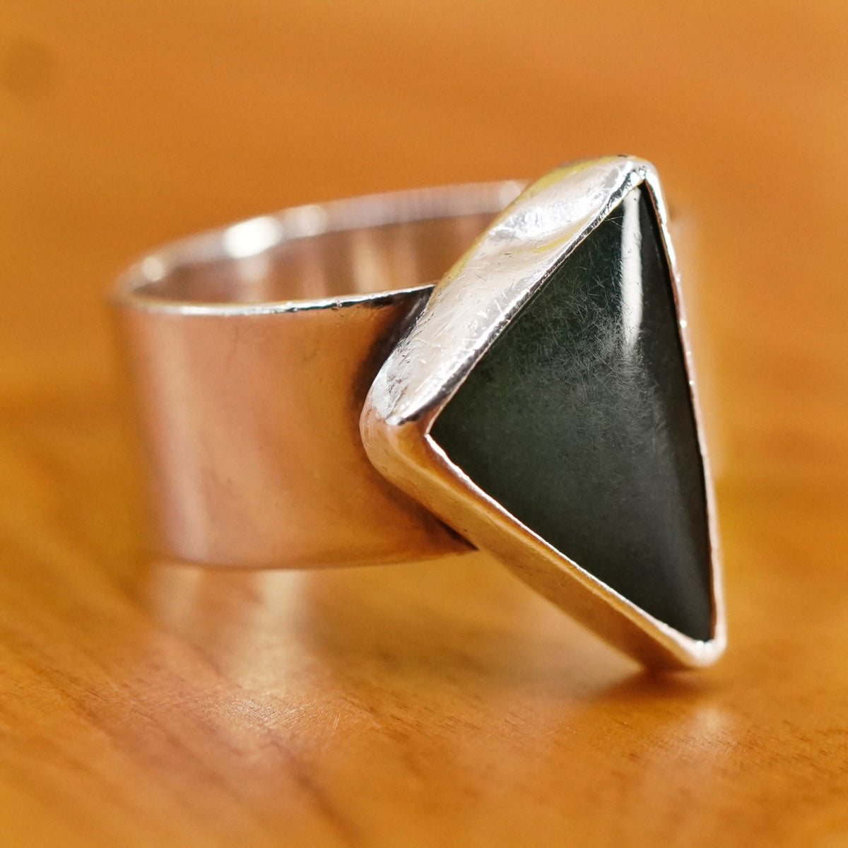 Size 7.25, vintage Sterling silver ring, 925 statement band w/ triangular jade