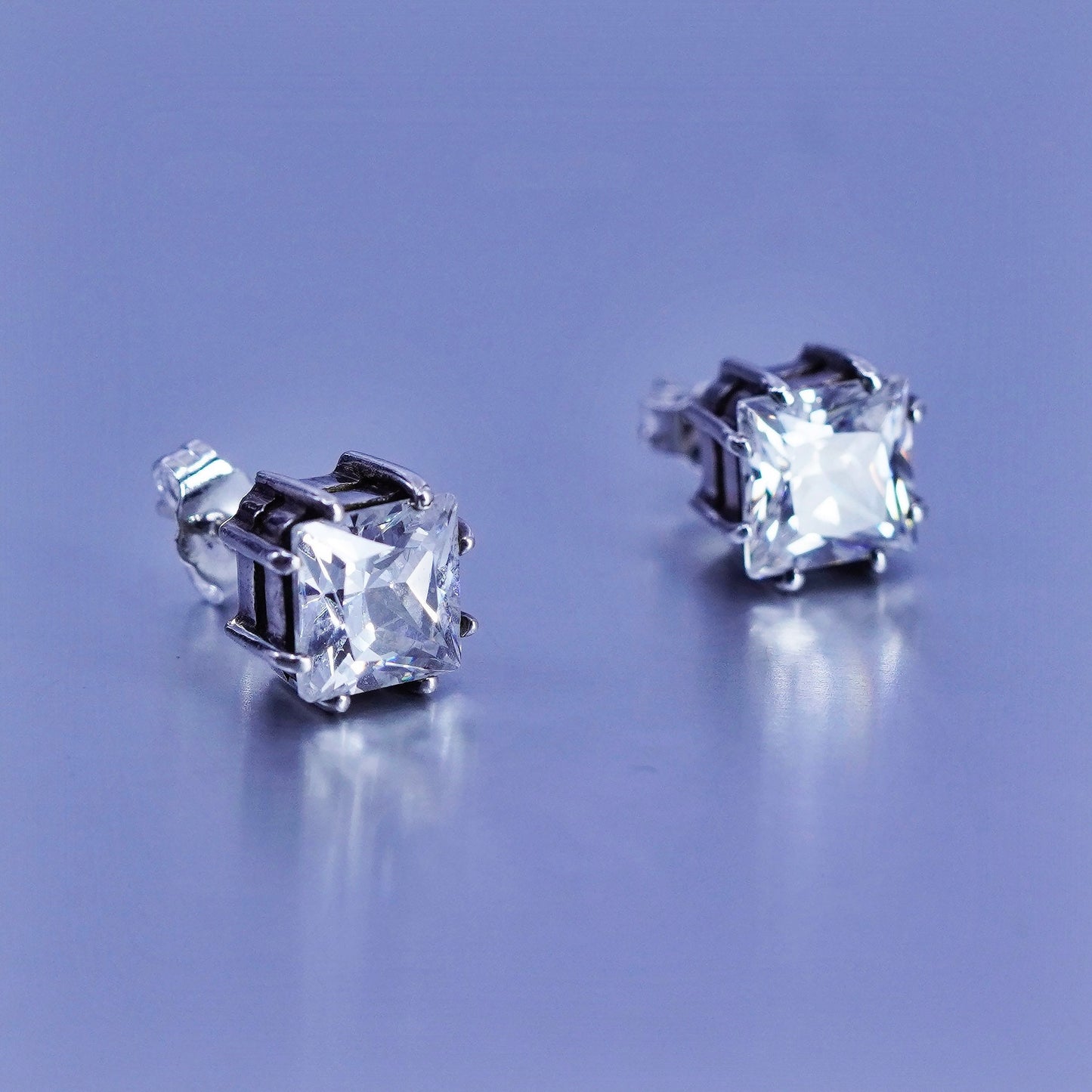 8mm, Vintage Sterling 925 silver earrings, studs with square cz inlay
