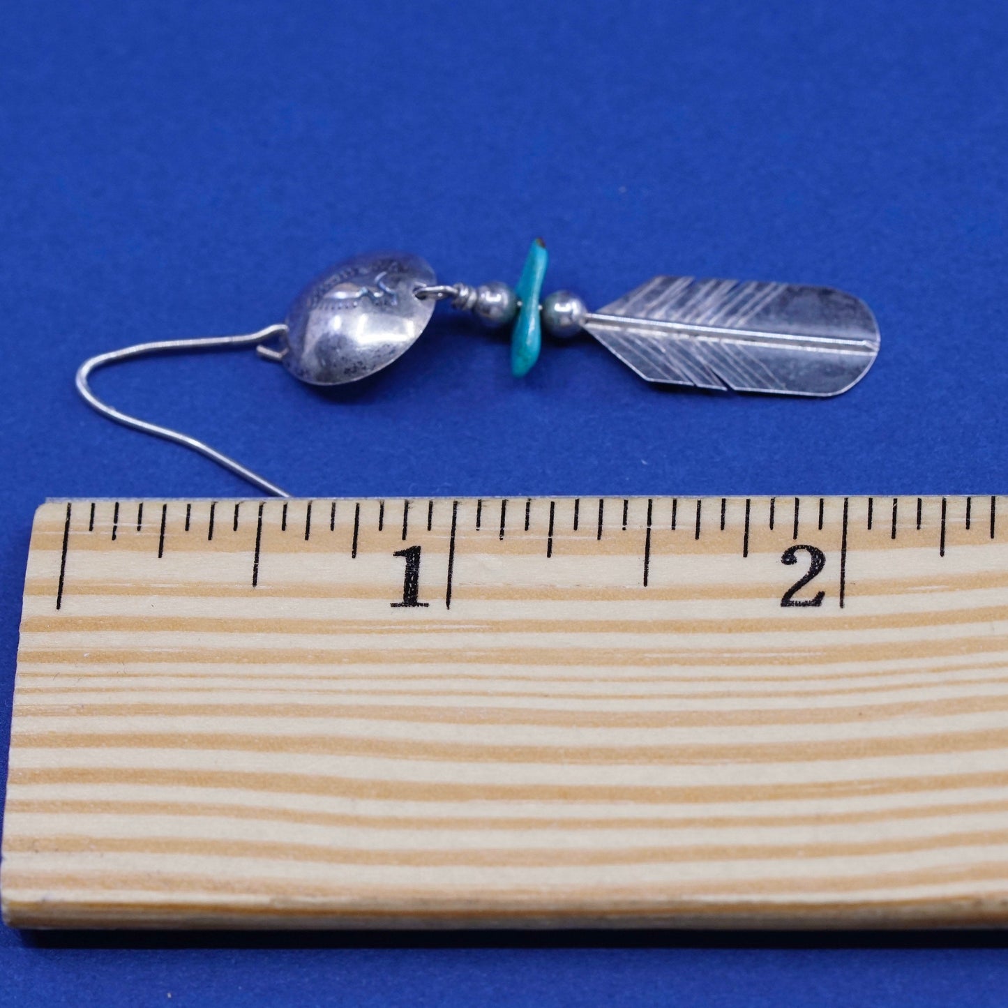 vtg LHTO sterling silver handmade earrings, 925 disc N feather w/ turquoise