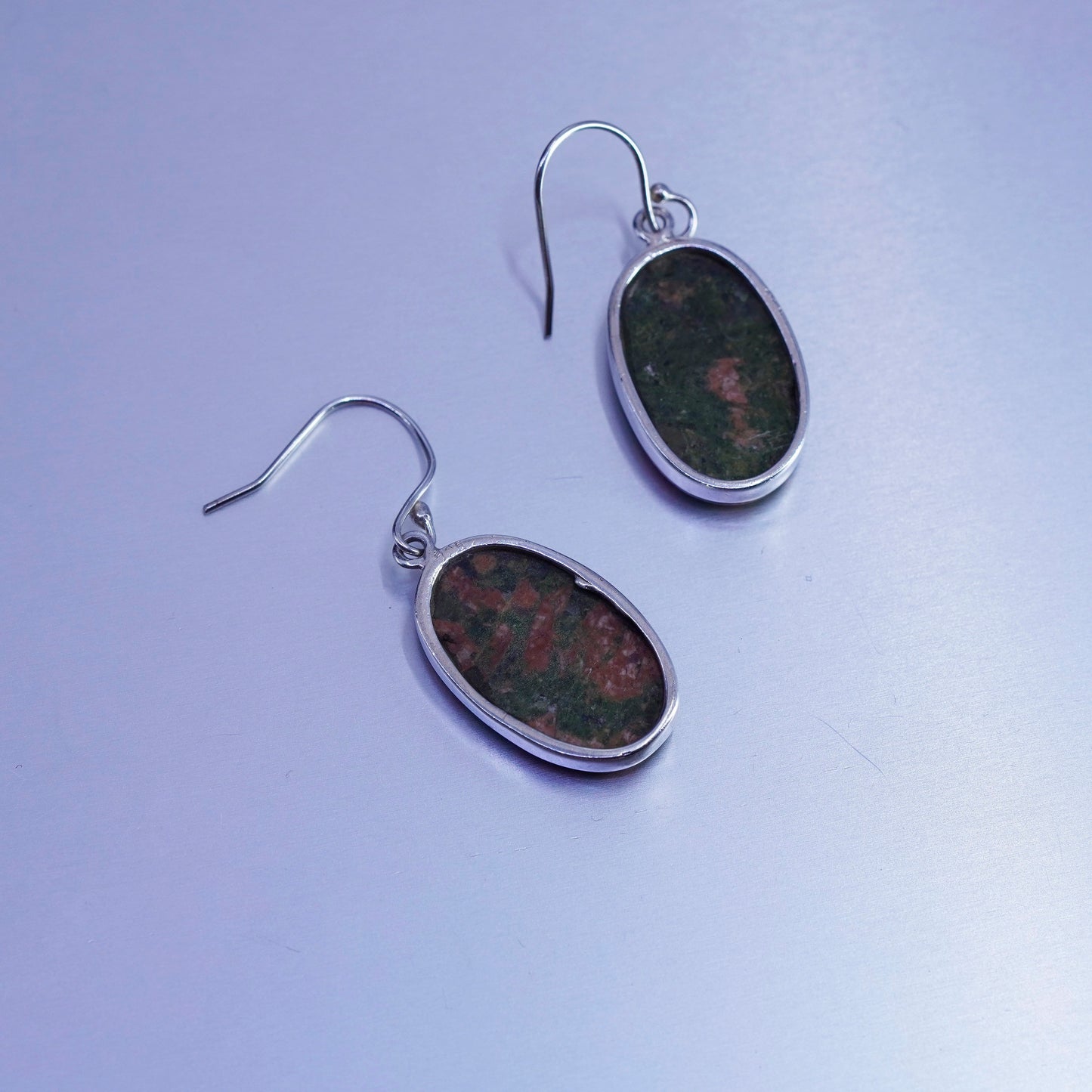 Vintage Mexico Sterling 925 silver handmade earrings with oval unakite