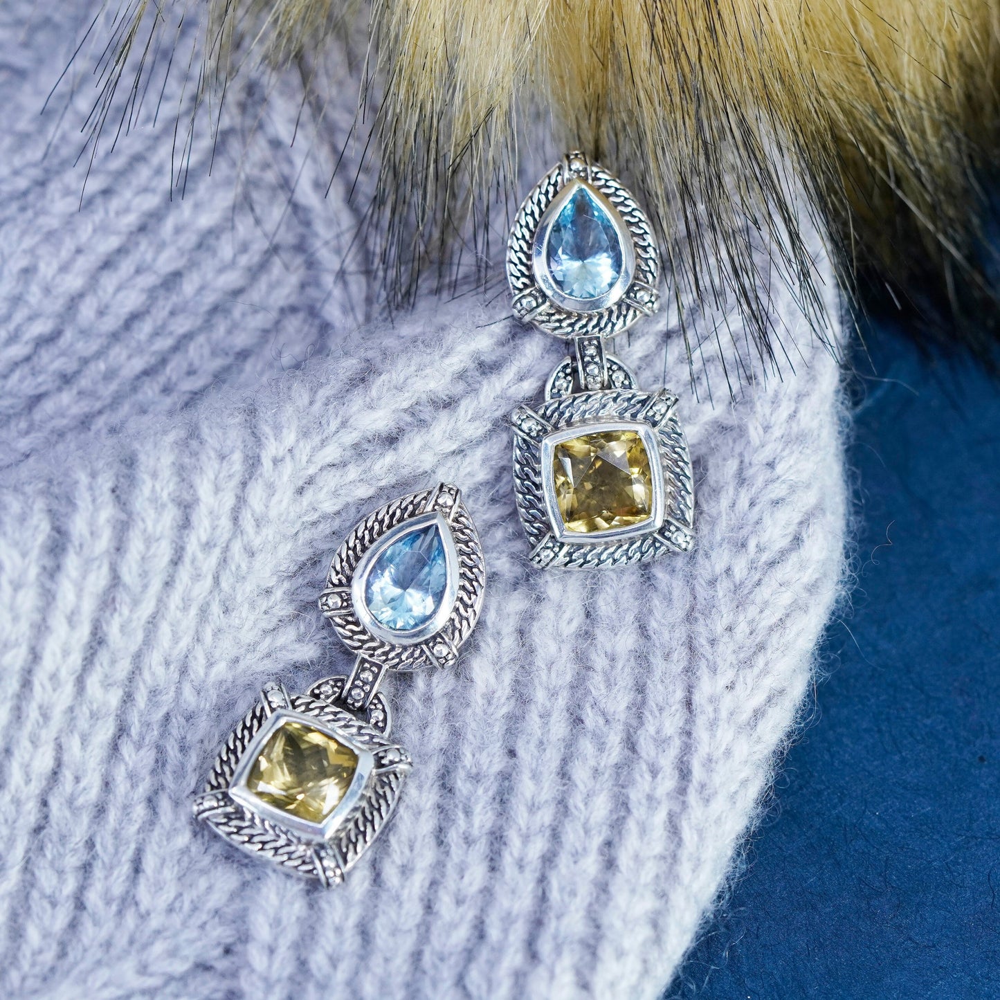 Vintage Sterling 925 silver handmade earrings with citrine and topaz and cable