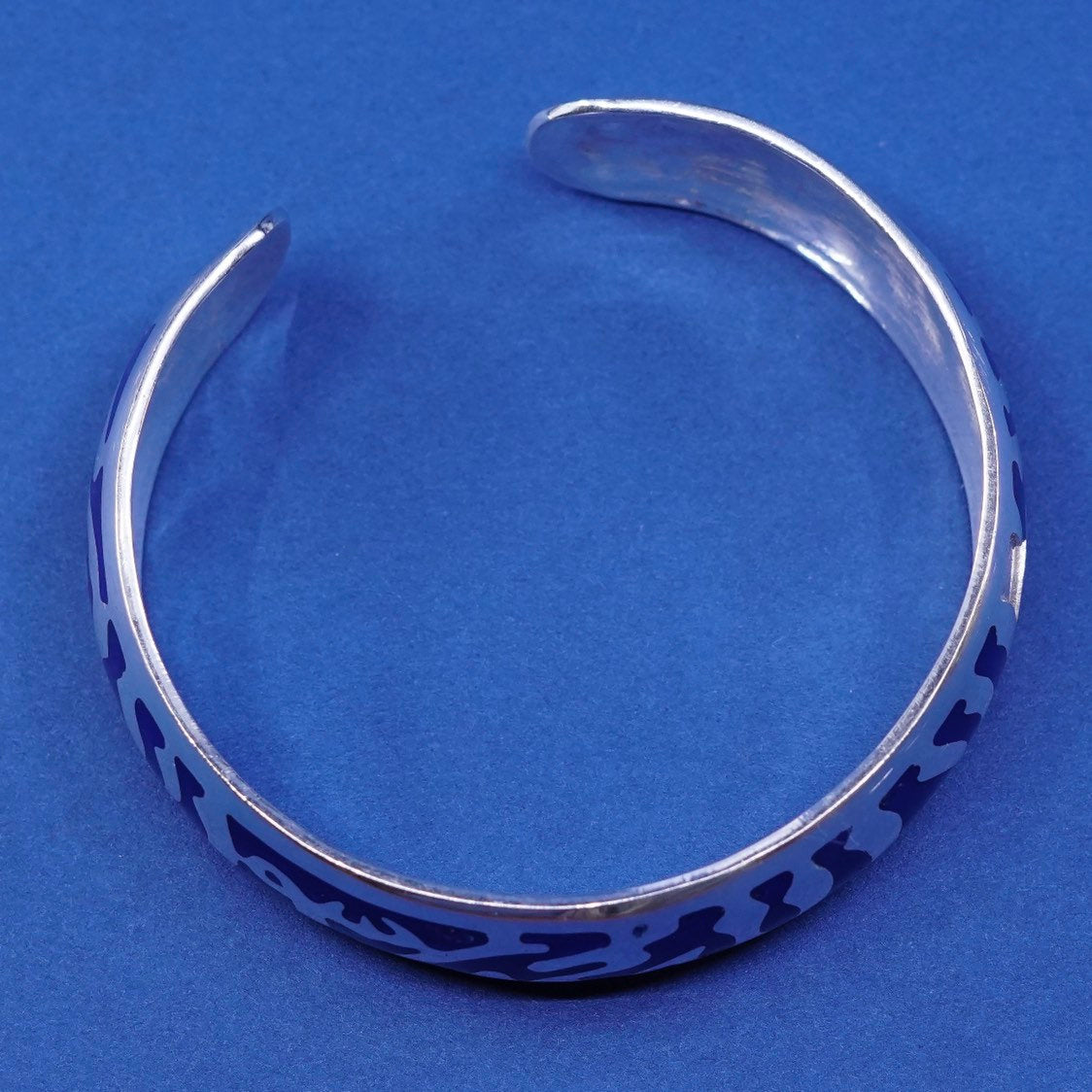 7", vtg Sterling silver handmade bracelet, 925 cuff w/ blue enamel