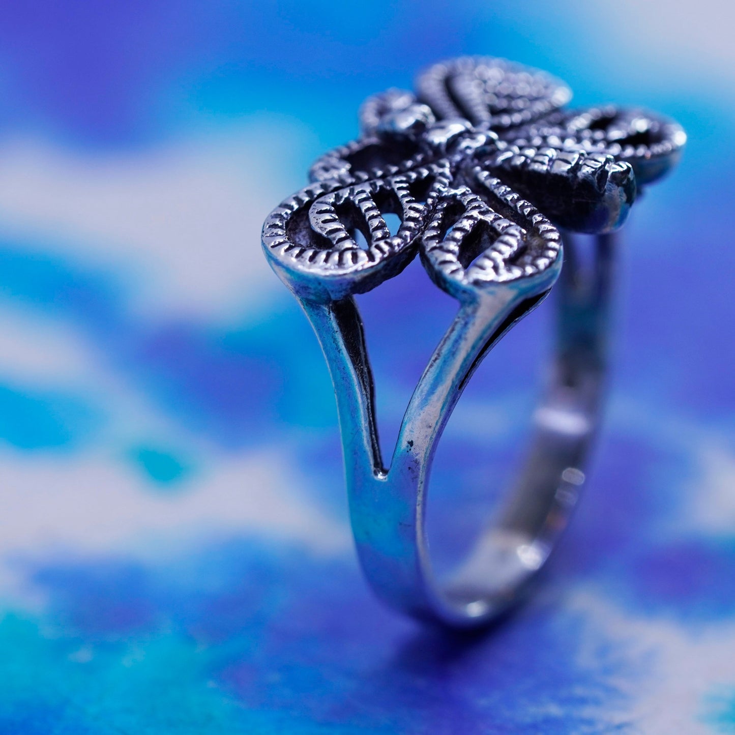 Size 7, vintage sterling silver handmade ring, 925 filigree butterfly band