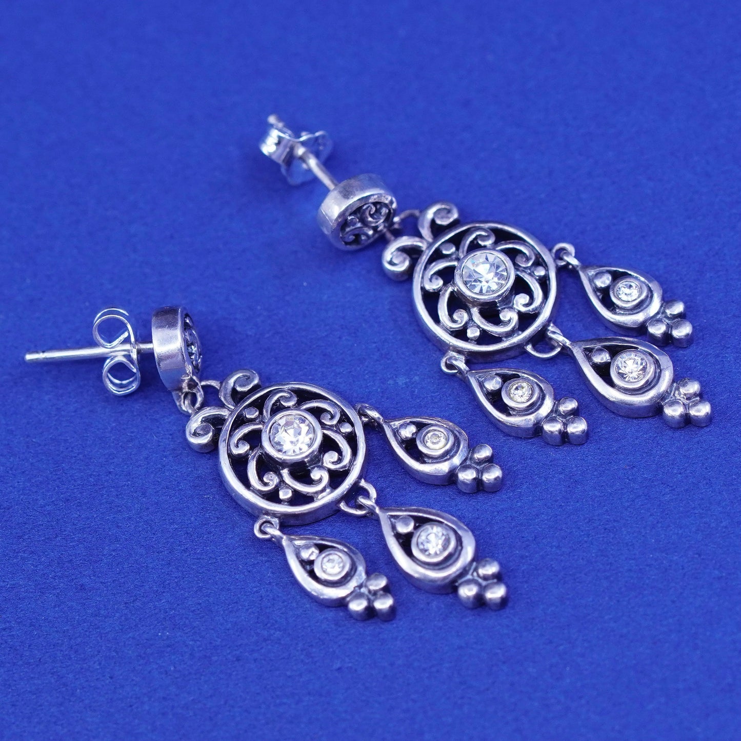Vintage CNA sterling silver earrings, 925 filigree Bali teardrop drop with Cz