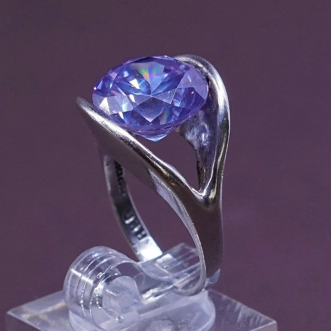 sz 6.5, vtg Sterling silver handmade ring, 925 cocktail ring w/ round amethyst