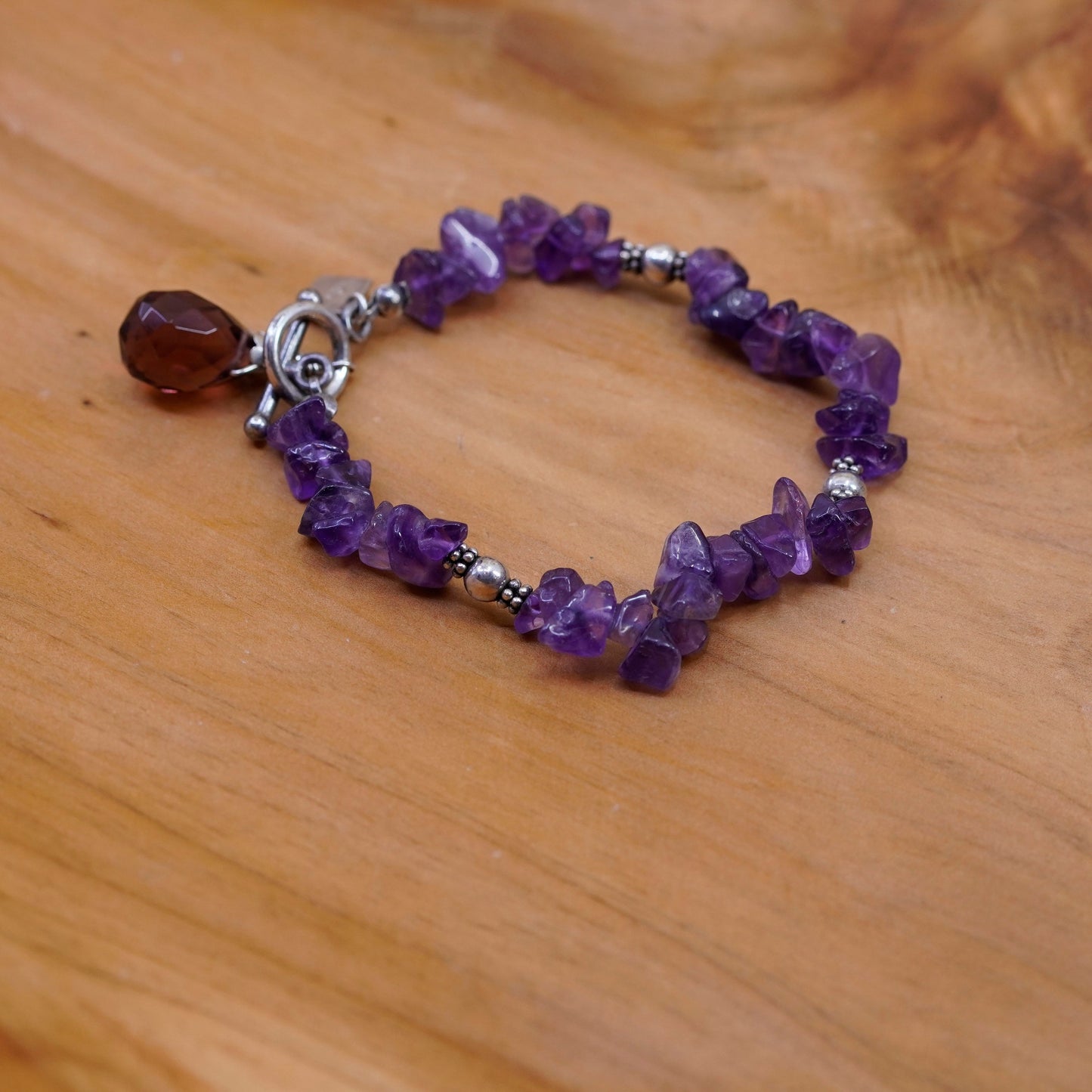 6.5”, Sterling silver handmade bracelet, irregular amethyst beads teardrop