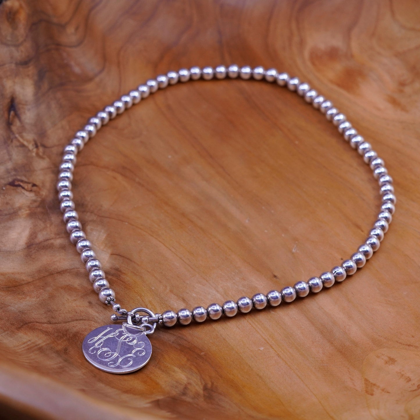 18”, Sterling silver necklace, 925 bead chain with tag monogram ”HSE” pendant
