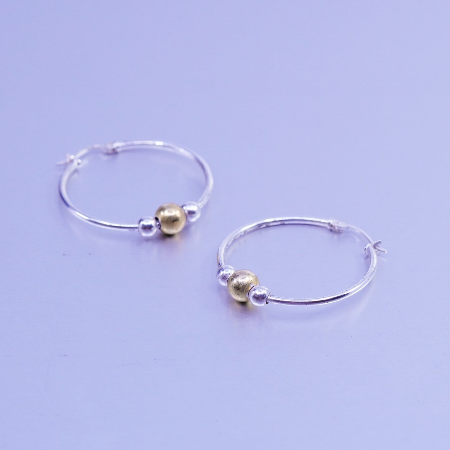 1.25”, VTG Italy two tone Sterling silver handmade earrings, 925 hoops beads