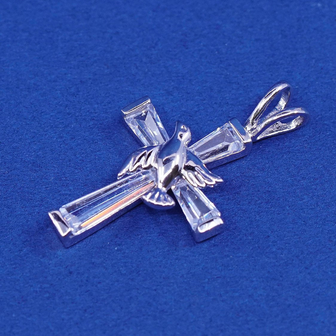 vtg Han Sterling silver handmade pendant, 925 cross w/ bird and crystal