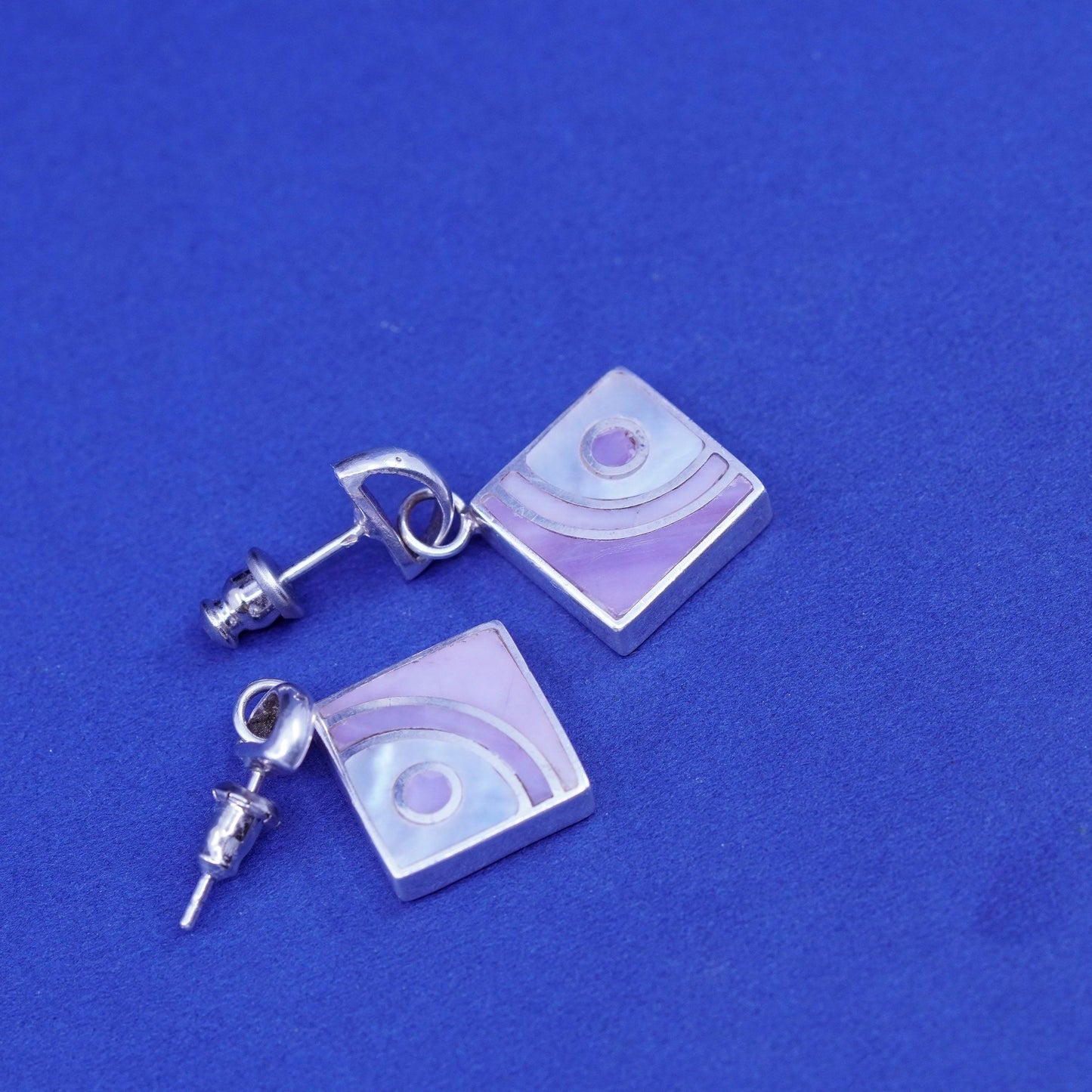 vtg sterling 925 silver handmade square earrings mother of pearl obsidian jade