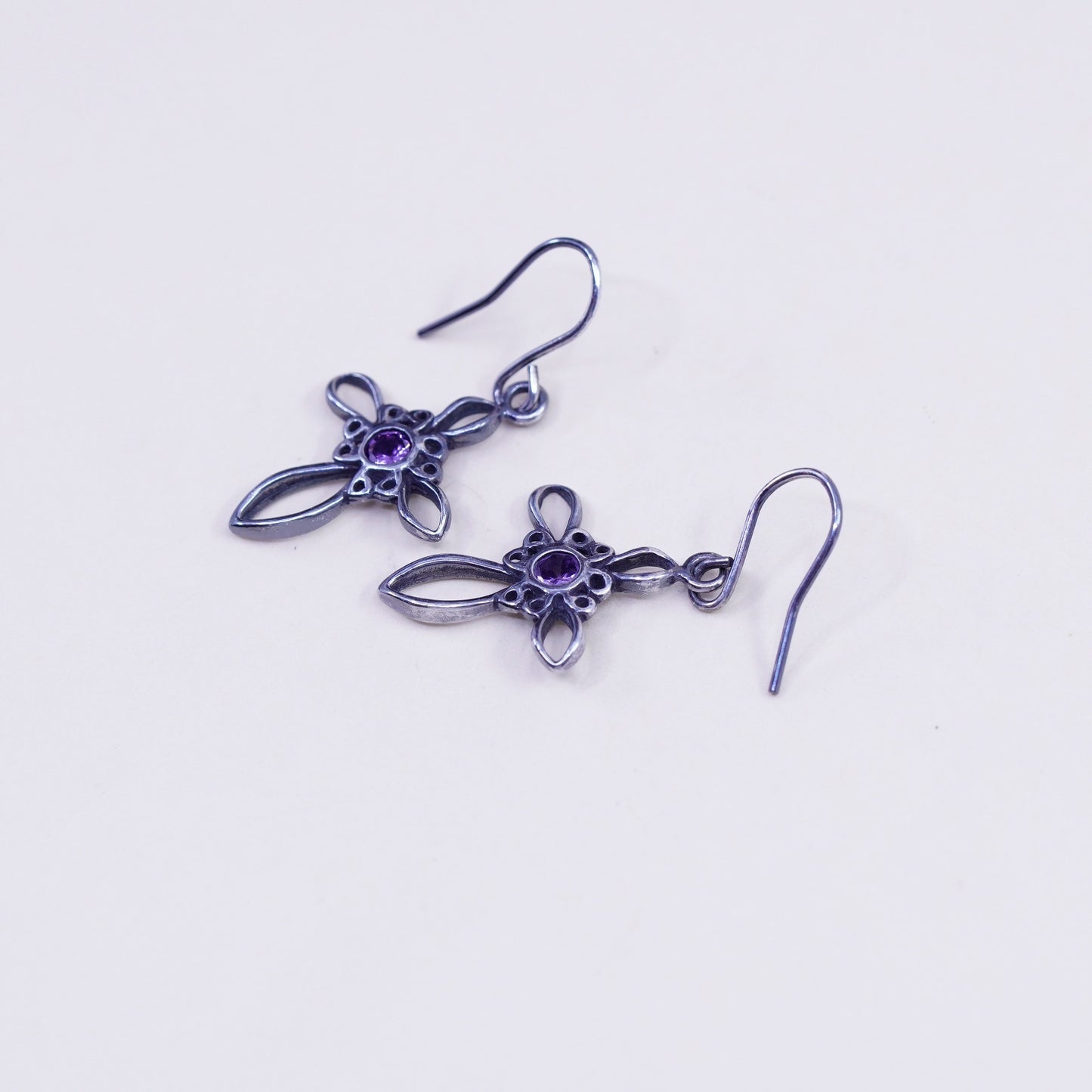 Vintage Sterling 925 silver earrings, filigree cross with amethyst