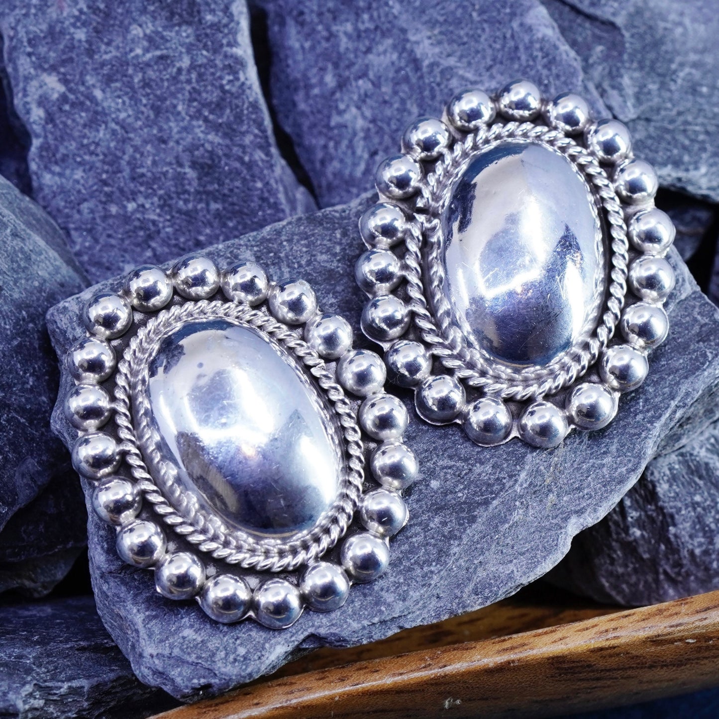 Vintage Mexico sterling 925 silver handmade oval clip on earrings with beads