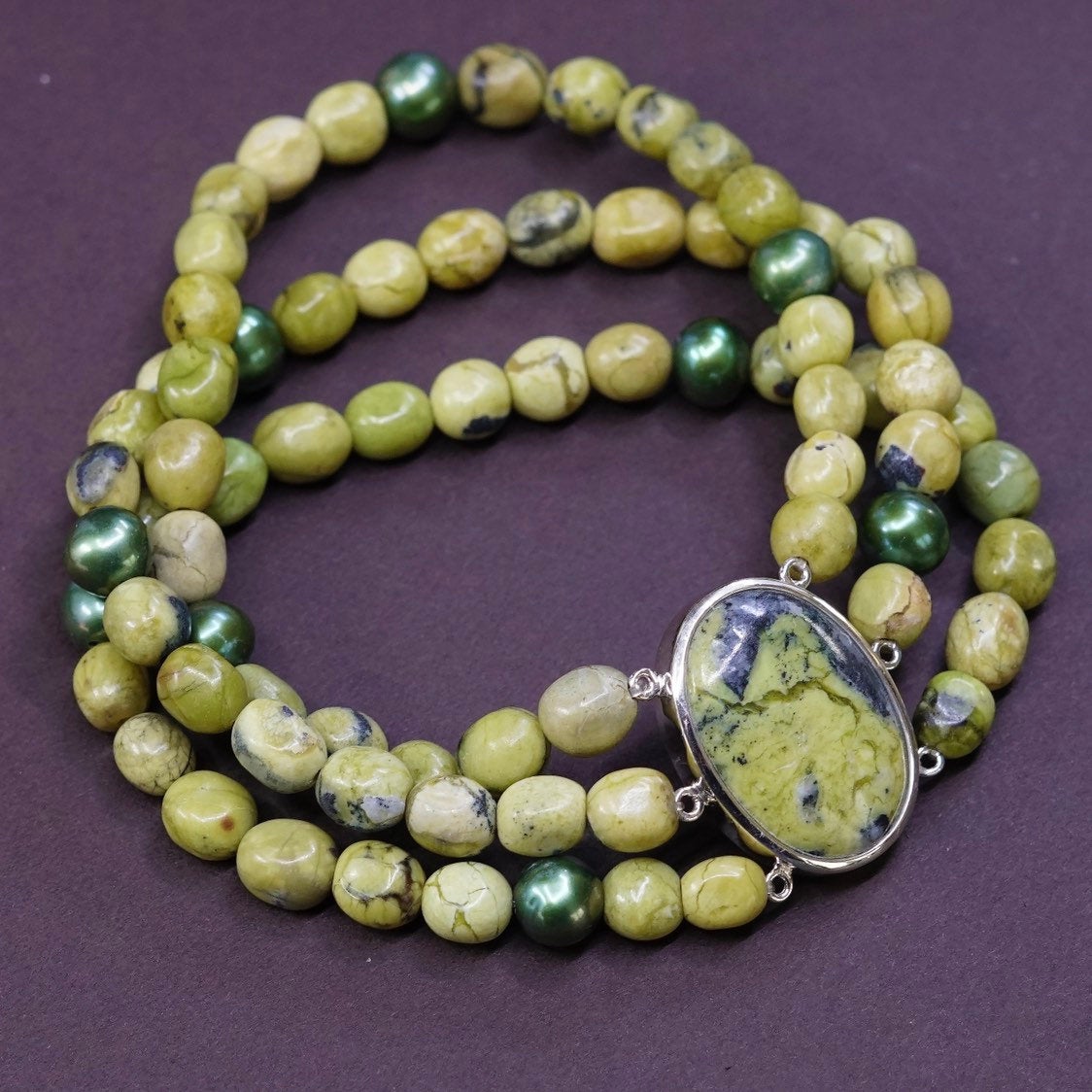 7” vtg sterling 925 silver handmade bracelet, green beads elastic band