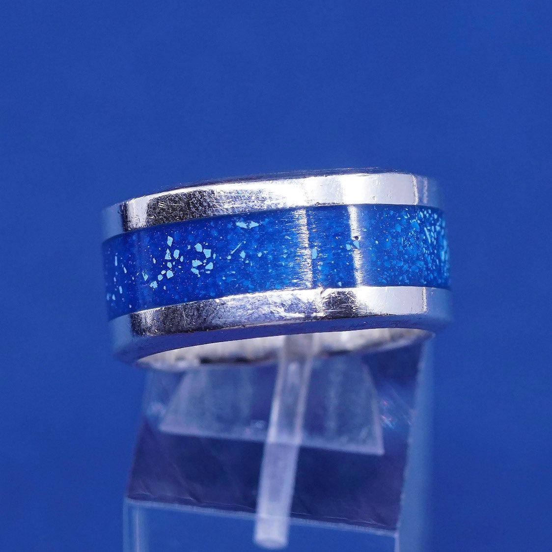 sz 9, vtg sterling silver handmade ring, 925 band w/ Lapis lazuli