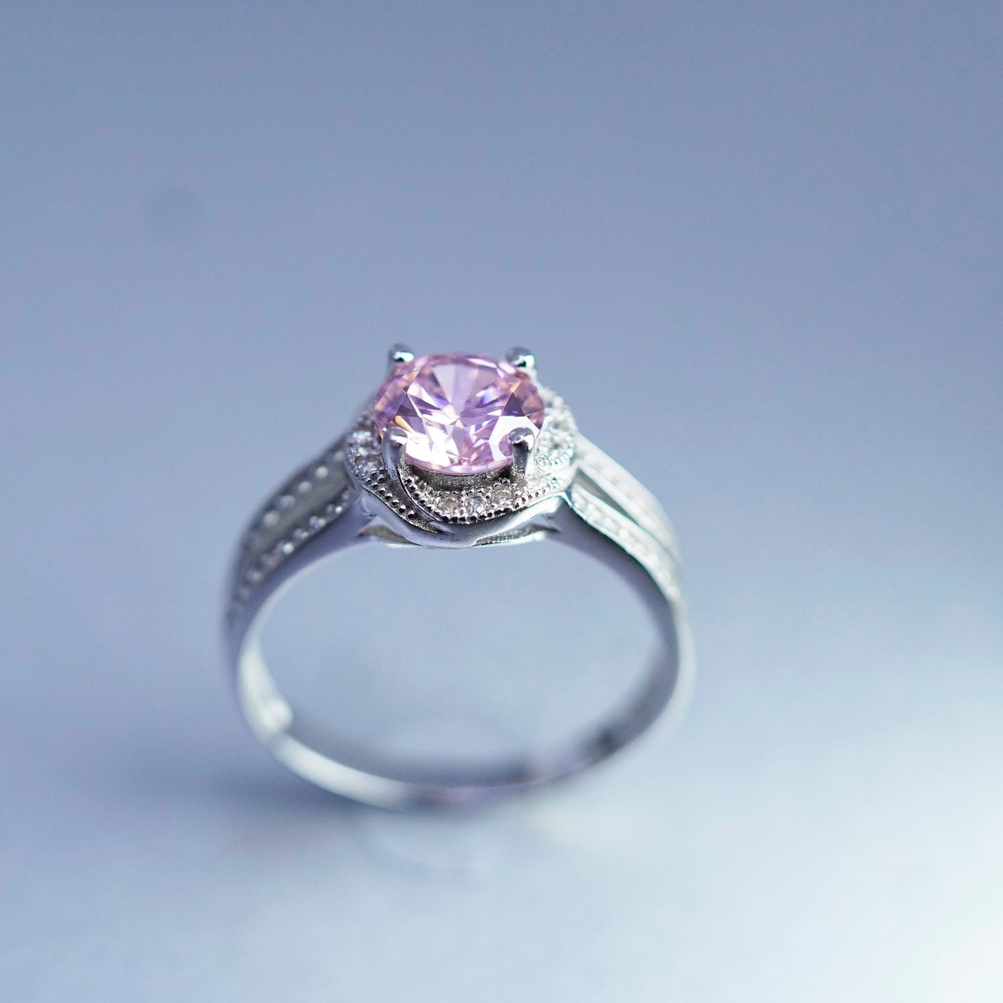 Size 8.25, vintage Sterling 925 silver handmade engagement ring with pink Cz