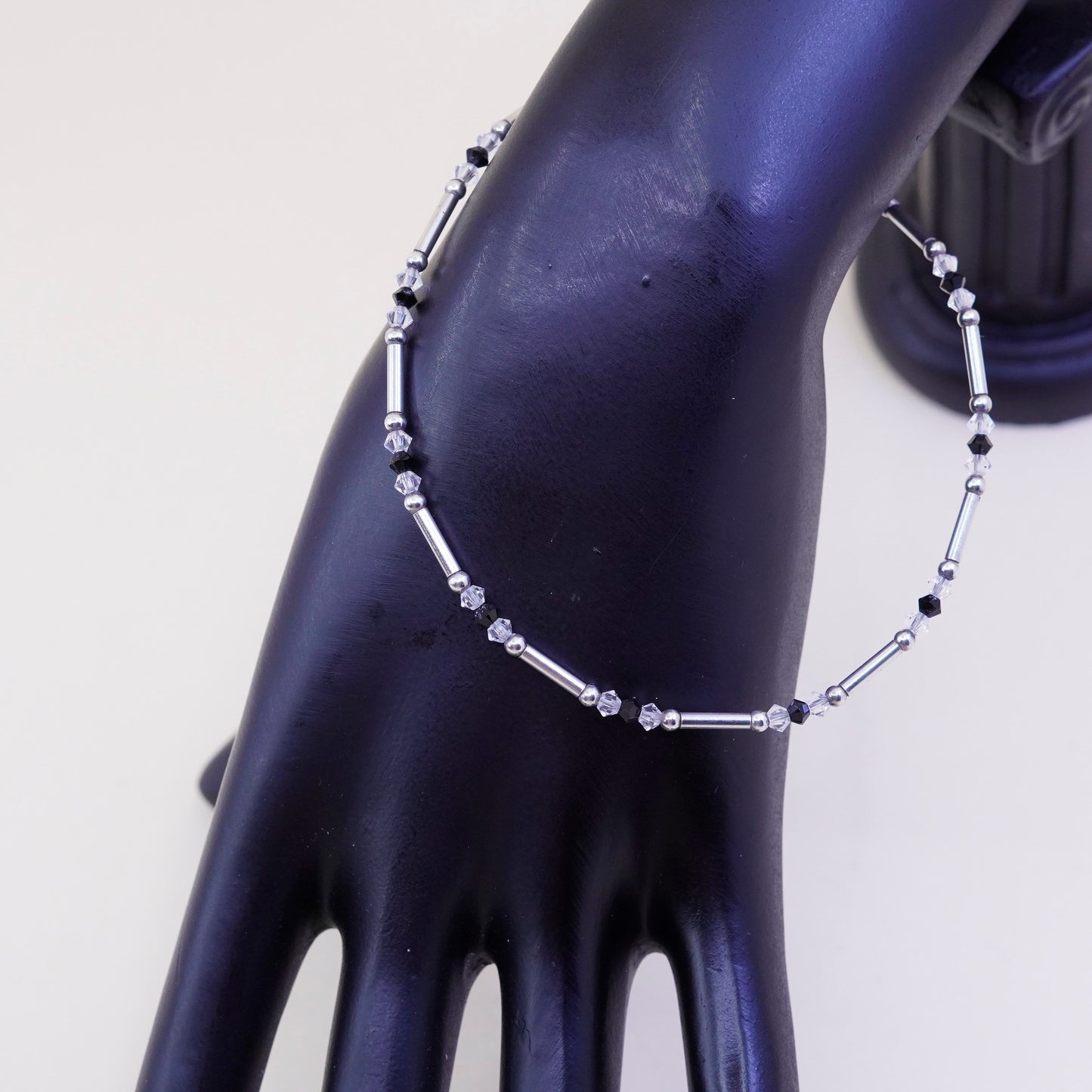 9.75”, vtg Handmade sterling silver anklet, 925 bar chain with crystal beads