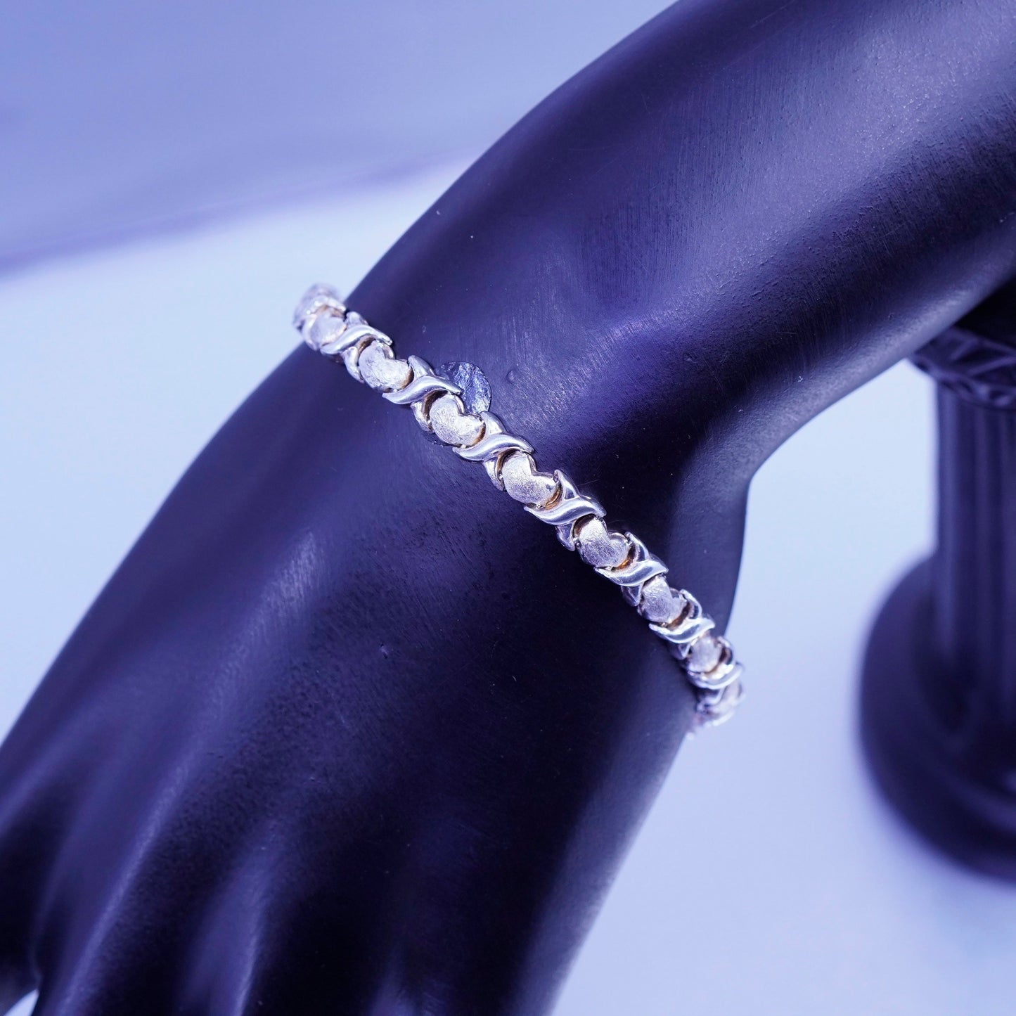 7.5”, vintage Sterling 925 silver handmade bracelet, matte heart chain