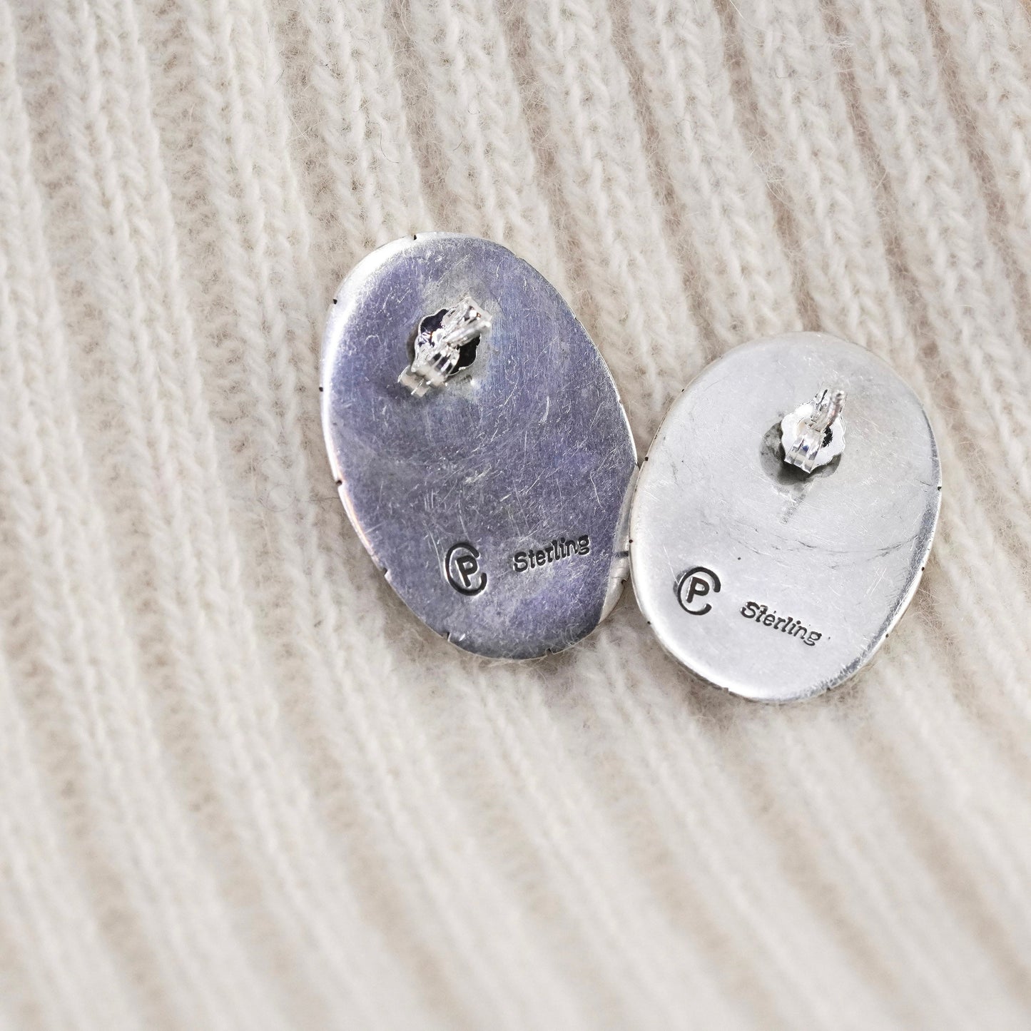 vtg Sterling 925 silver Carolyn Pollack Relios earrings, oval studs malachite