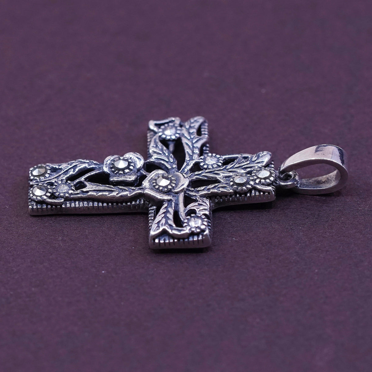 Sterling silver handmade pendant, 925 cross w/ marcasite details