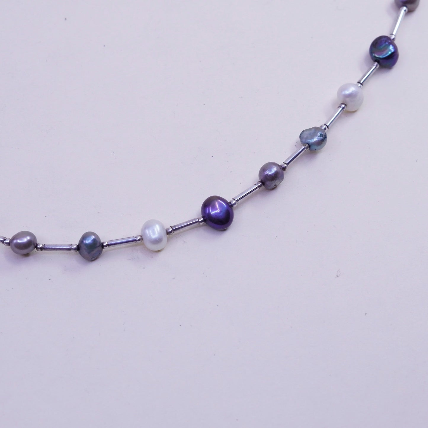 20”, Vintage genuine pearl beads necklace chain with sterling 925 silver bar
