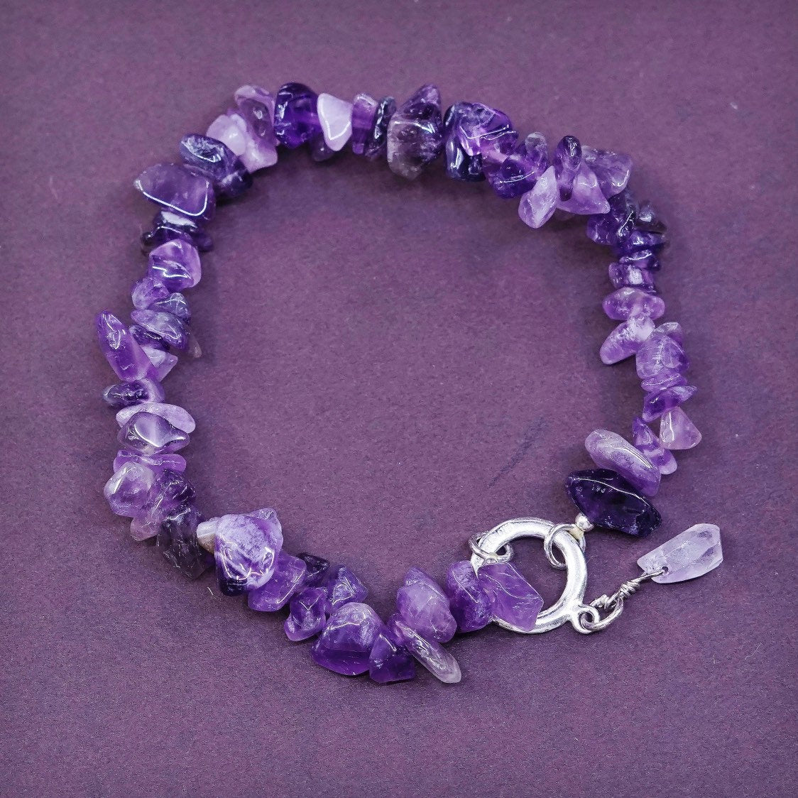 6.25”, vtg Sterling silver handmade bracelet, irregular amethyst beads bracelet