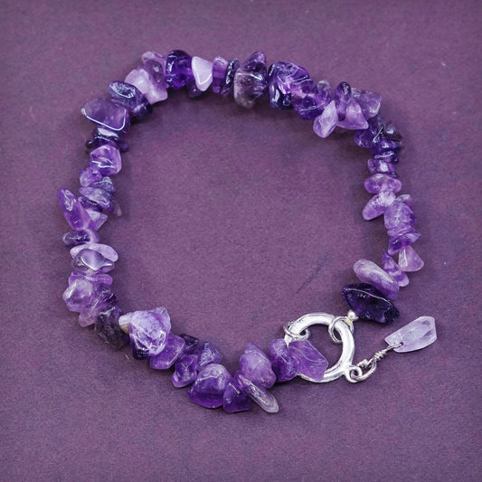 6.25”, vtg Sterling silver handmade bracelet, irregular amethyst beads bracelet