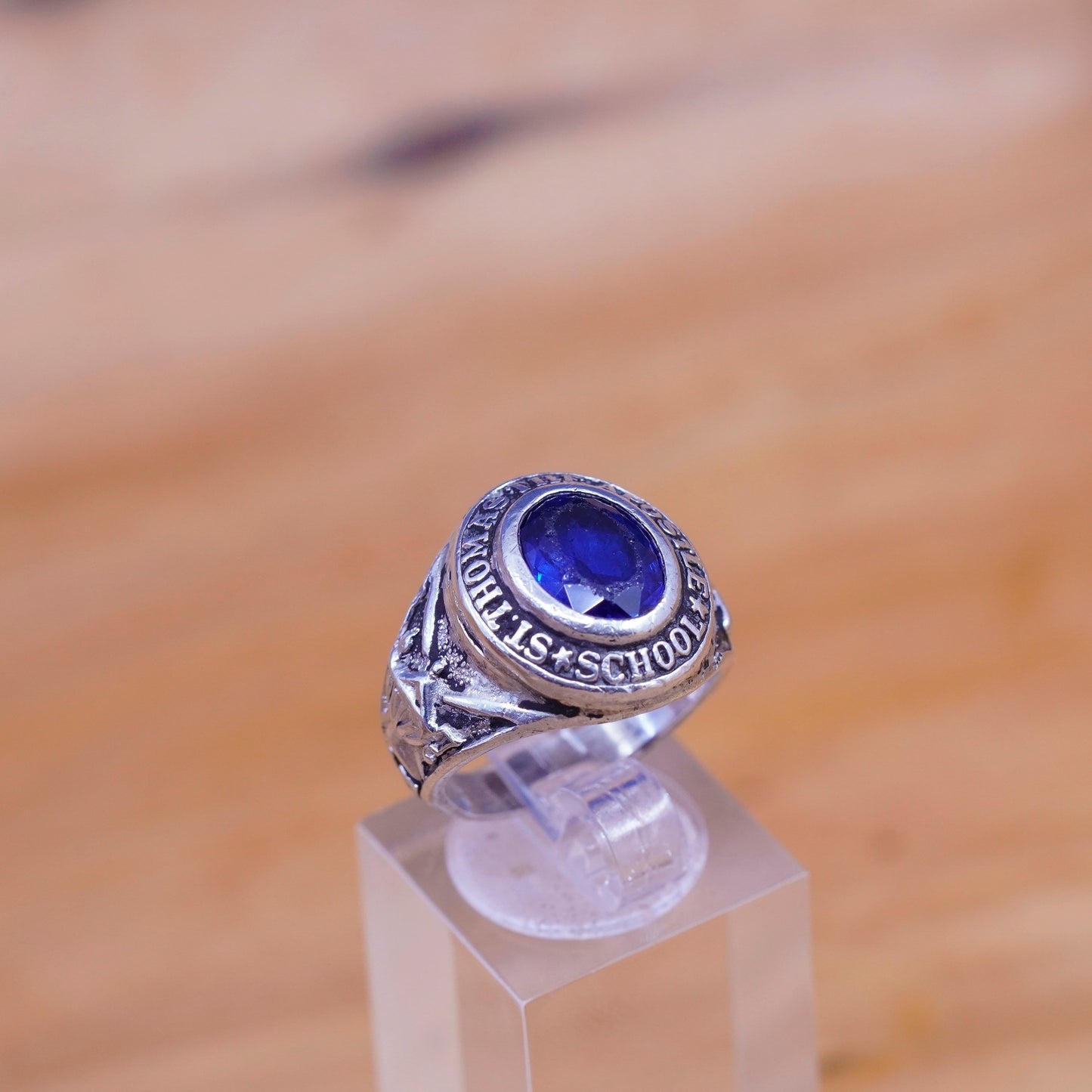 Size 7, vintage Sterling 925 silver handmade ring with sapphire and name Thomas