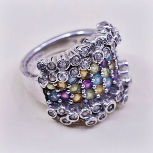 Sz 7.25, Vtg Sterling 925 silver Statement ring W/ Colorful Cluster Quartz