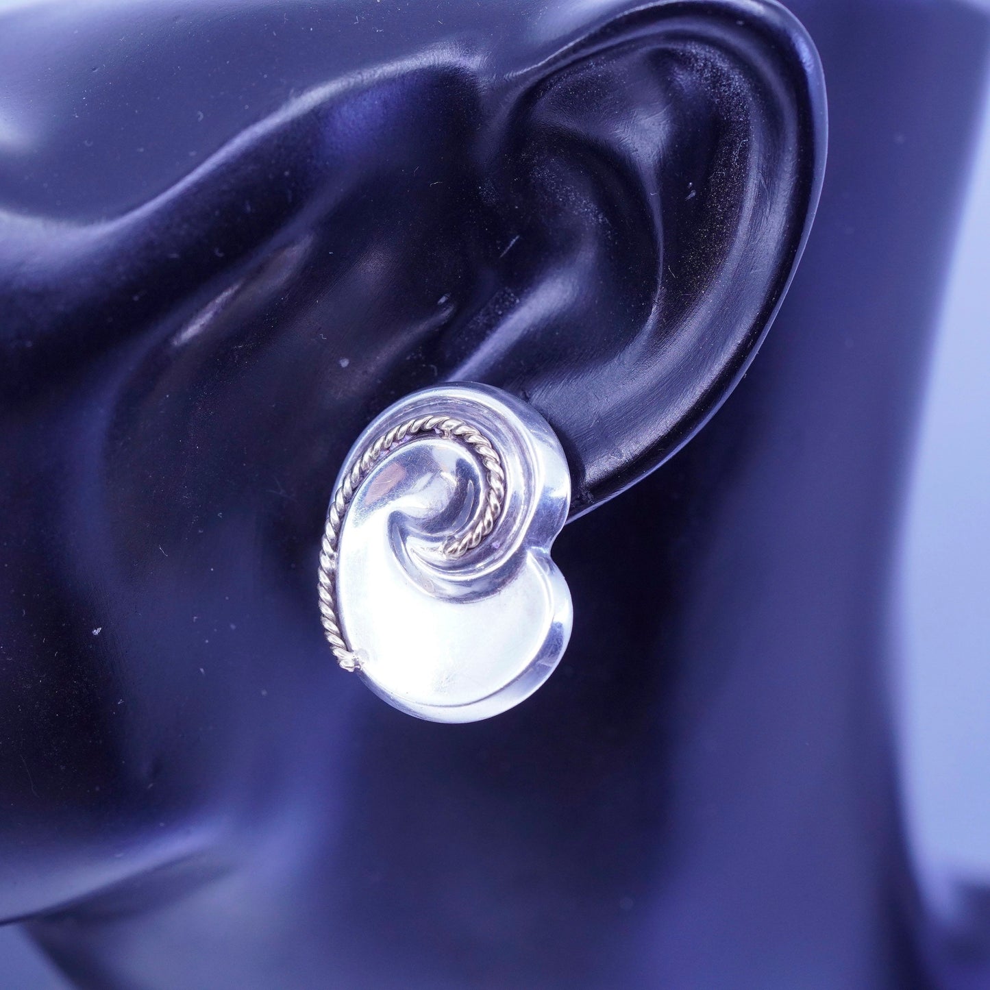 Vintage designer 14K cable swirly Sterling 925 silver handmade earrings, studs