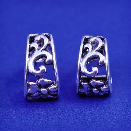 0.5”, Vintage Sterling silver handmade earrings, 925 Huggie studs with filigree