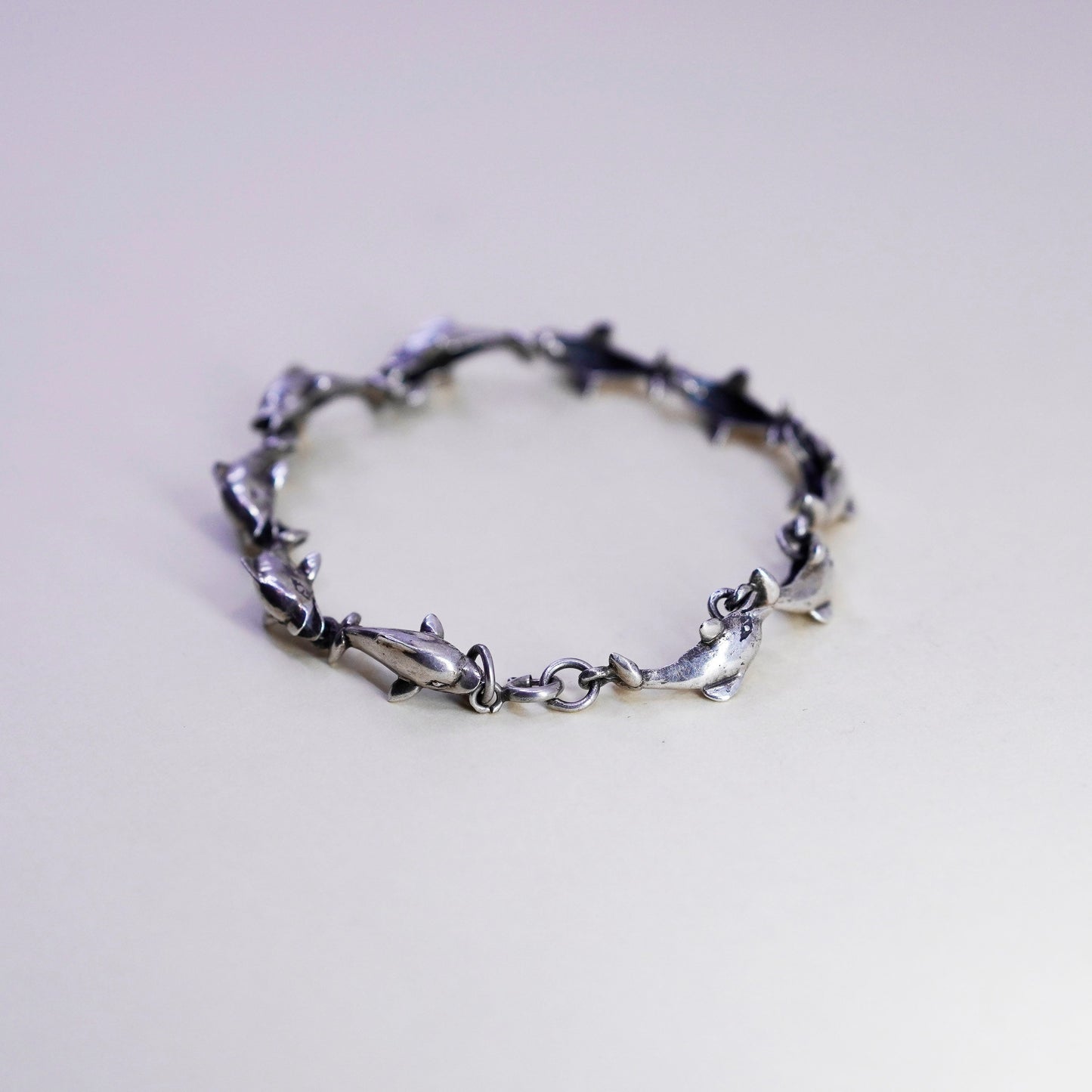 7.25”, vintage Sterling silver handmade bracelet, 925 dolphin links chain