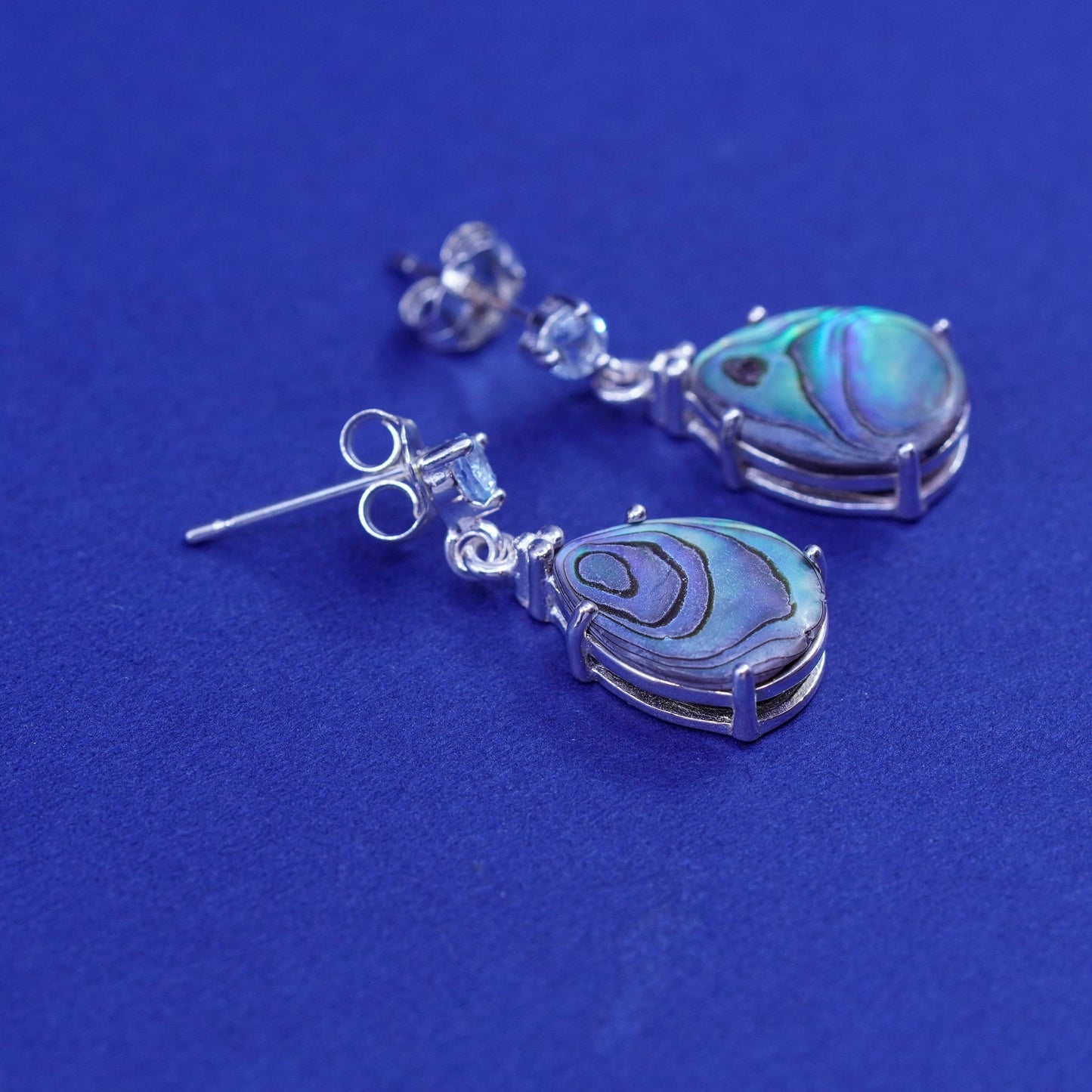 Vintage Sterling 925 silver handmade earrings with teardrop abalone and cz