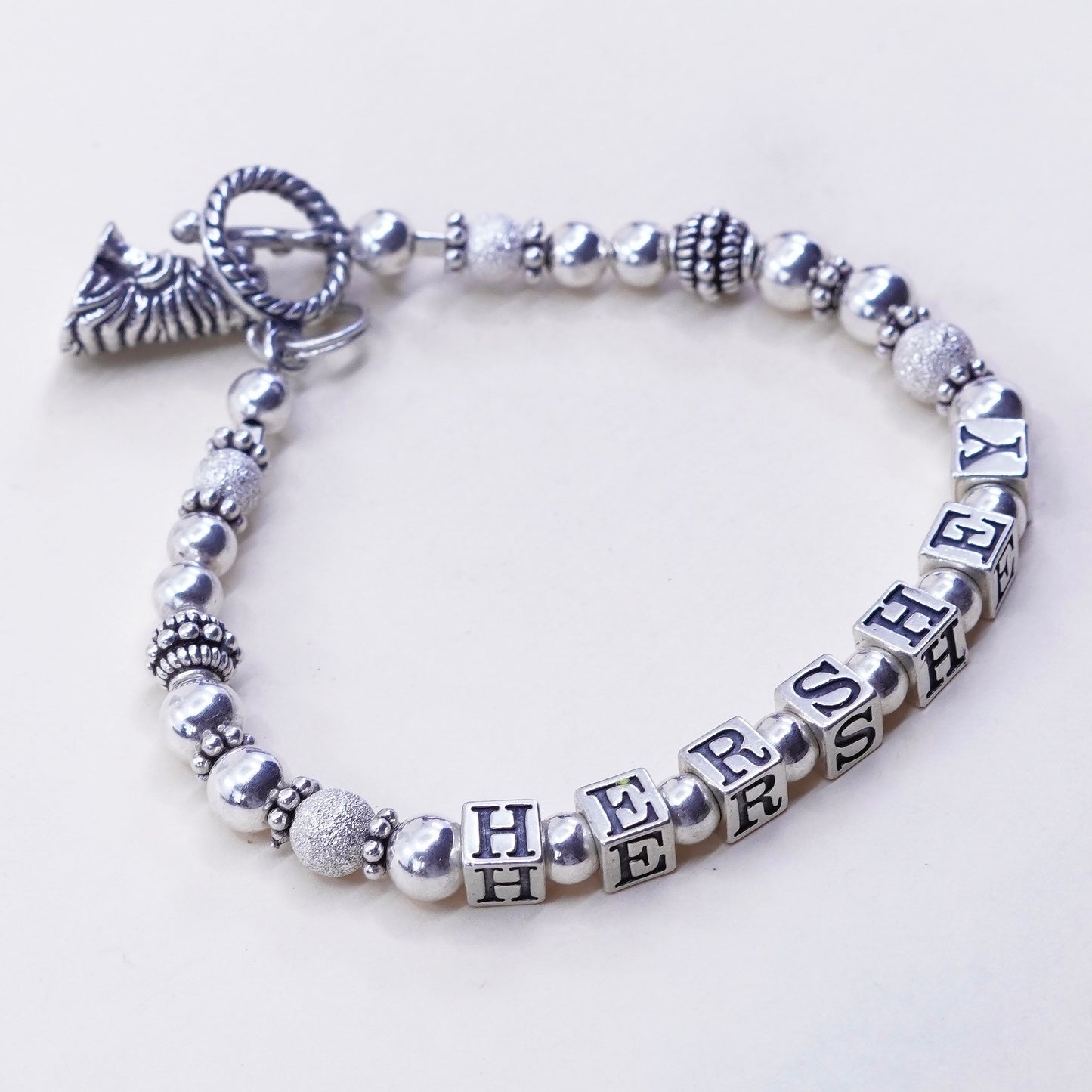6.75”, Sterling 925 Silver filigree beads bracelet w/ “Hershey” dog sharpie