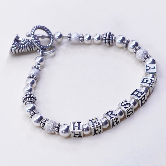 6.75”, Sterling 925 Silver filigree beads bracelet w/ “Hershey” dog sharpie