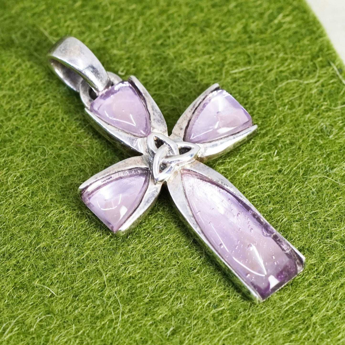 Solvar sterling silver handmade pendant, 925 Irish Celtic cross w/ pink crystal