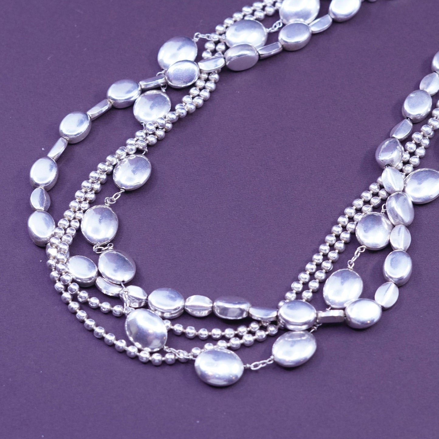 16+1”, sterling silver necklace, multi strands 925 silver chain w/ nugget beads