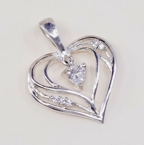 Vintage Sterling Silver Heart Pendant W/ Cz Dangle, Solid 925 Silver Charm