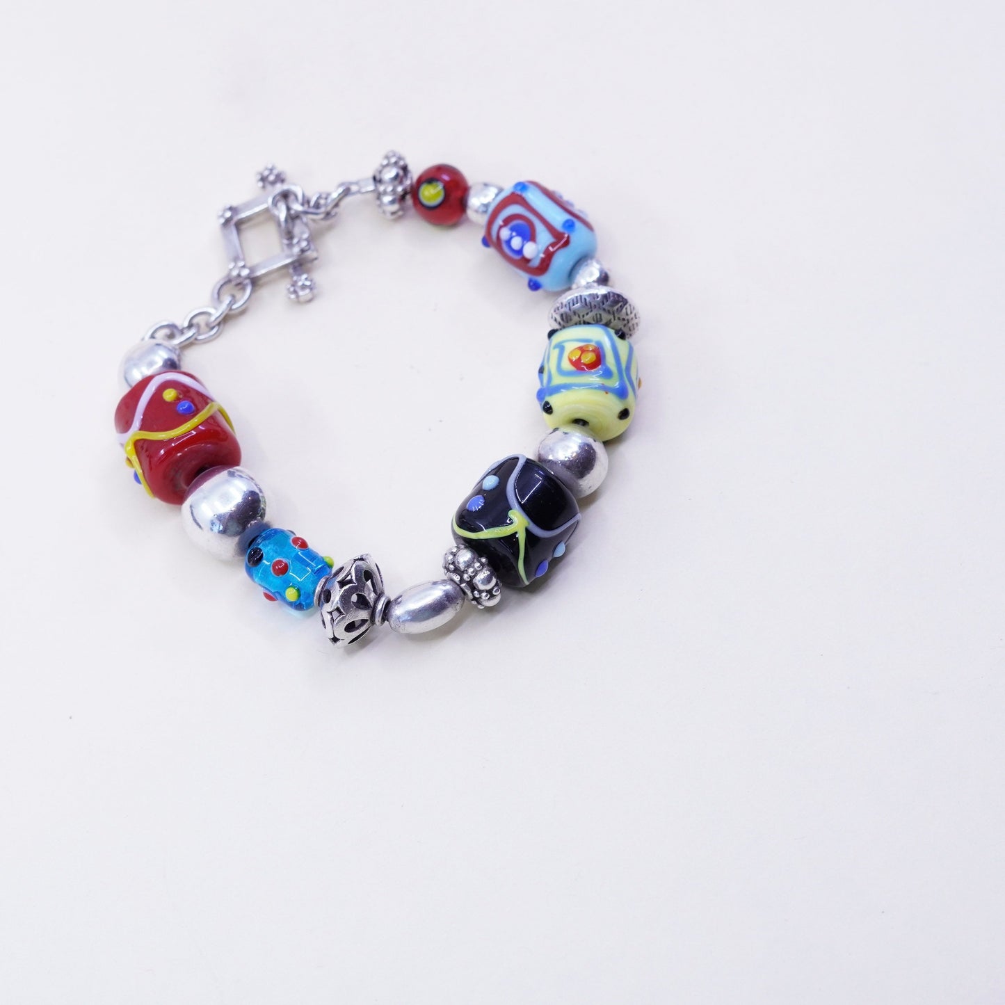 7”, vtg Silpada Sterling Silver Lampwork Art Glass Bead Toggle Bracelet B0871