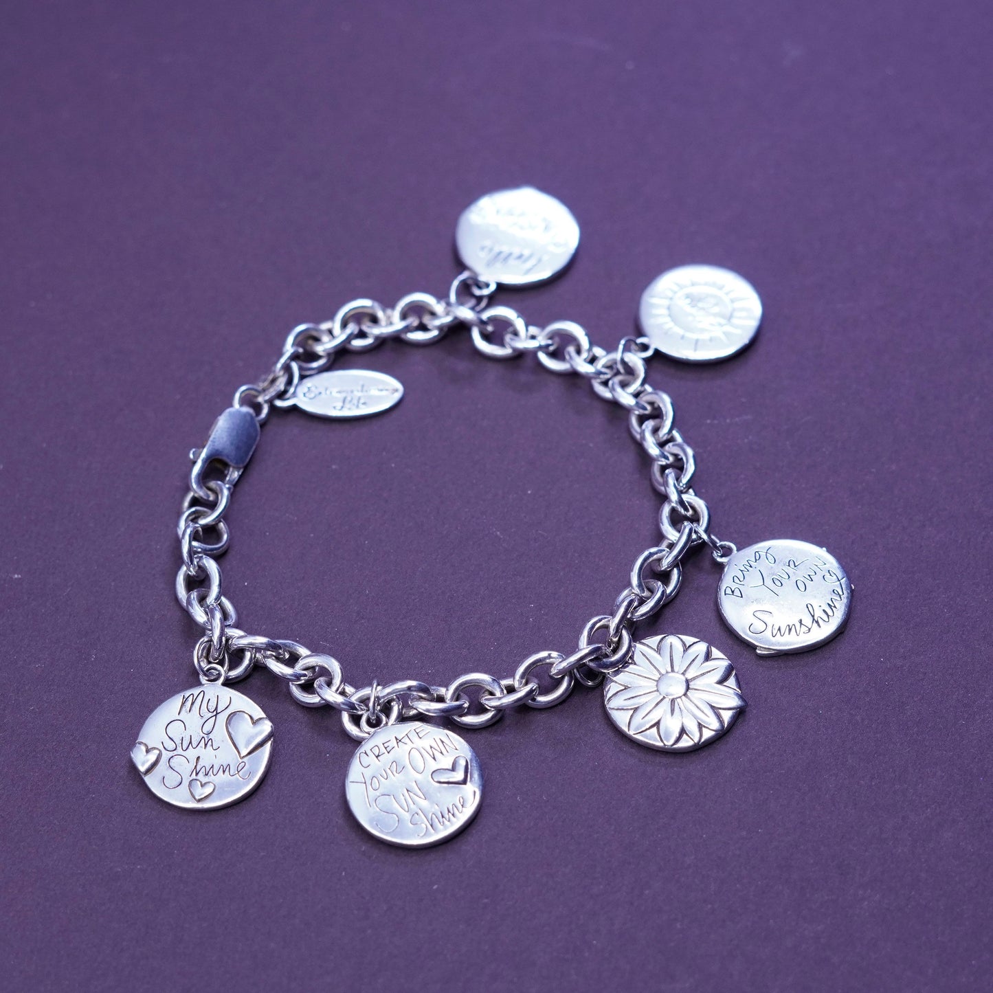 7”, vtg Sterling silver handmade bracelet, 925 bold circle chain with 6 charms