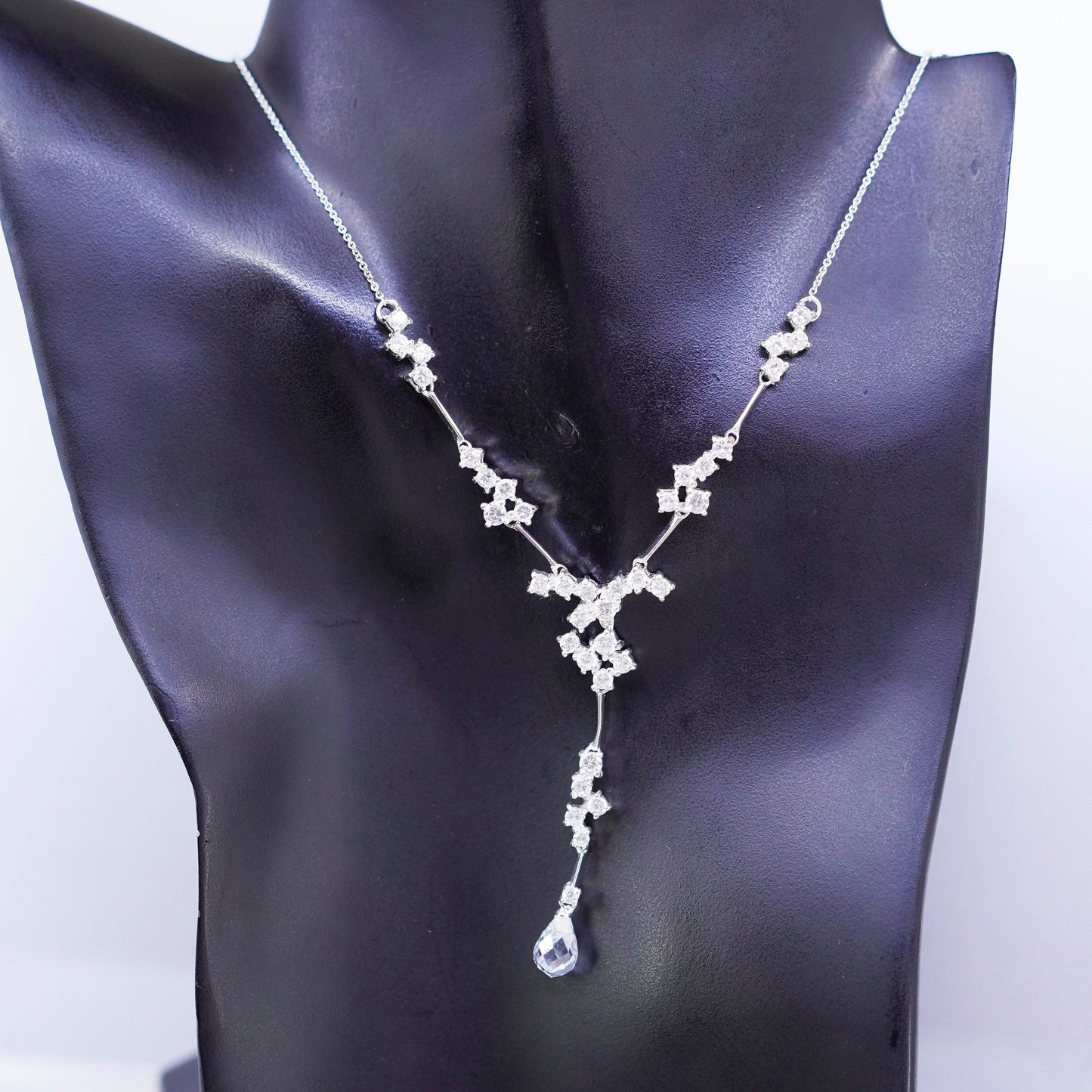 18”, vtg Sterling 925 silver handmade circle necklace with teardrop cz pendant