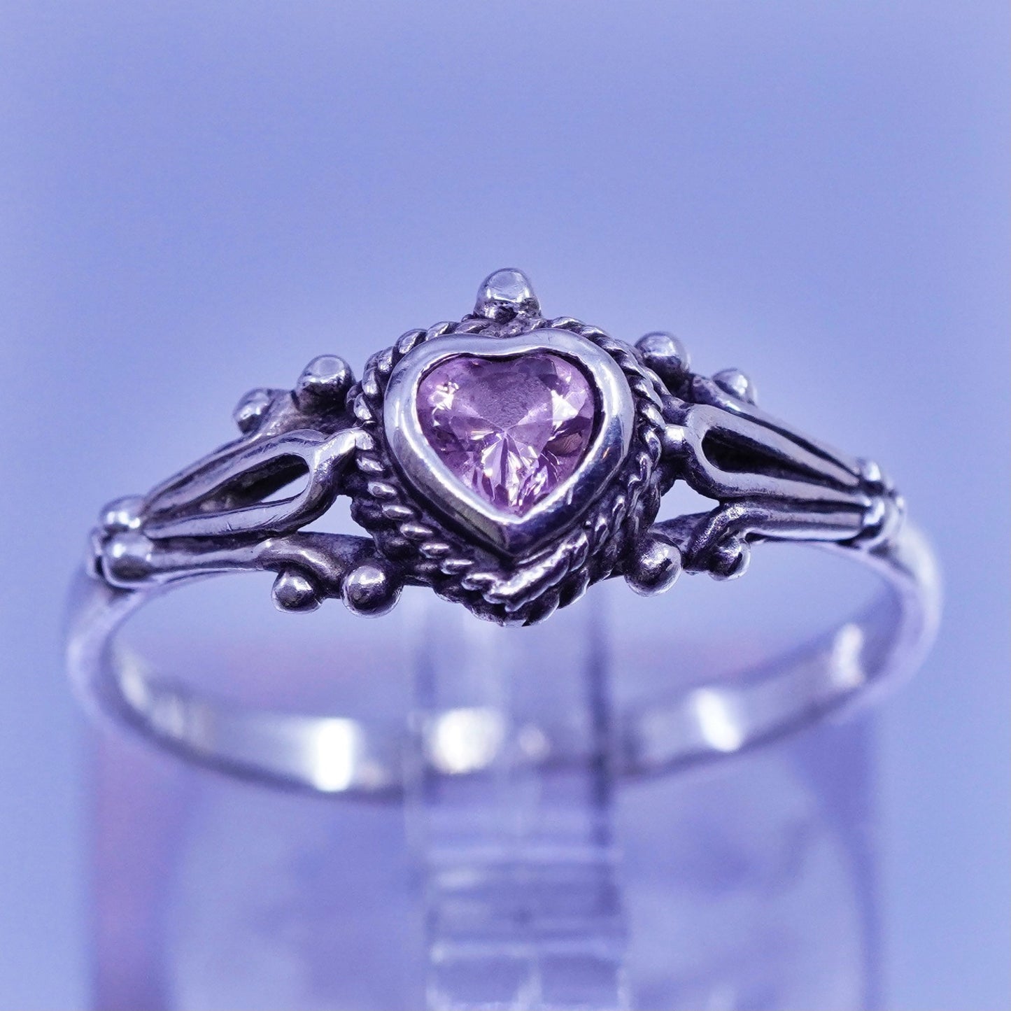 Size 7.75, vintage Sterling 925 silver handmade ring with heart pink Cz beads