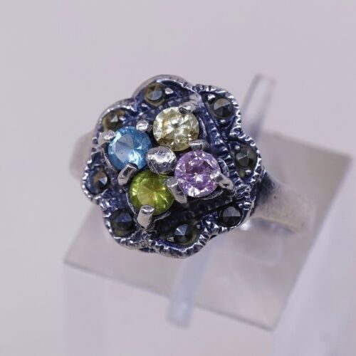 Sz 7, Sterling Silver handmade Ring, 925 W/ citrine Topaz n marcasite