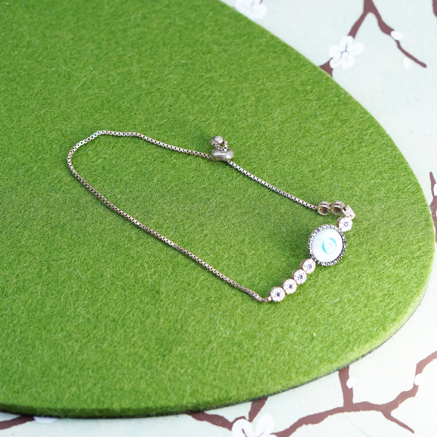 Rose gold sterling silver bracelet, vermeil 925 box chain MOP evil eye charm
